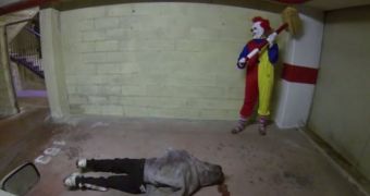 Creepy clown hides behind a wall waiting for his victims