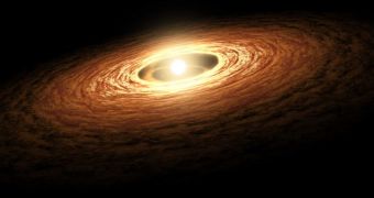 The image shows a young star encircled by its planet-forming disk of gas and dust