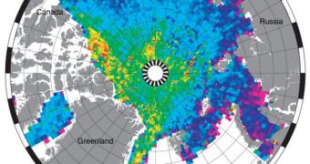 This map - the first produced by CryoSat - shows sea ice thickness over the Arctic