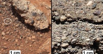 Image comparison of a Martian outcrop of rocks called Link (left), and similar rocks seen on Earth (right). Both photos show rounded gravel fragments, such as those produced by the passing of a river