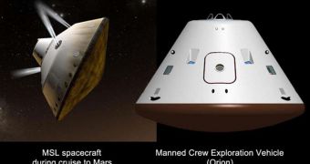 The MSL mission (left) will provide radiation data for manned Orion missions