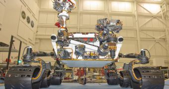 This is a frontal view of the rover Curiosity, the most important part of the MSL mission to Mars