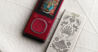 Laser-etched design from noted artist Catalina Estrada on the new red flash-memory Zune