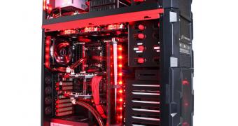 CyberpowerPC Fang III Black Mamba gaming desktop with OC Media Server Station installed on top