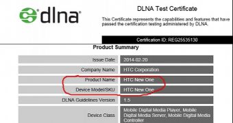DLNA test certificate for HTC New One