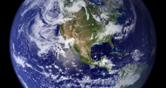 A true-color photo of the Earth, pieced together from countless satellite observations gathered by NASA