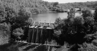 A timber crib dam in Michigan, photographed in 1978