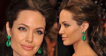 Angelina Jolie looking fabulous with emerald dangly earrings on the red carpet at the Oscars