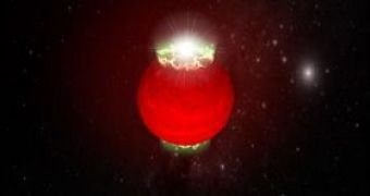 Artist's impression of "mini-aurorae" at poles of brown dwarf, producing beams of strong radio emission.