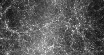 Snapshot from a new computer model showing the ubiquitous distribution of dark matter throughout the Universe