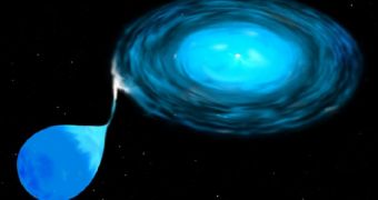 This image shows a black hole accreting matter from a companion star