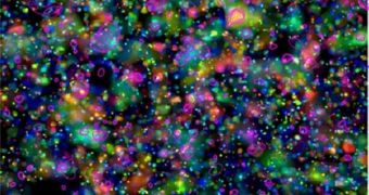 COSMOS data collected by Hubble. Colors represent the distances galaxies are from our location in space