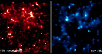 This false-color Hubble image compares the distribution of normal matter (red) to that of dark matter