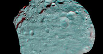 This anaglyph image of Vesta's equator was put together from two clear filter images, taken on July 24, 2011 by the framing camera instrument aboard NASA's Dawn spacecraft