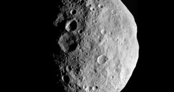 Dawn image of Vesta, taken as the spacecraft was moving away from the asteroid, on September 5, 2012