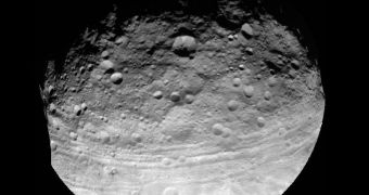 This image collected by the NASA Dawn spacecraft shows the southern hemisphere of Vesta, the largest asteroid in the solar system