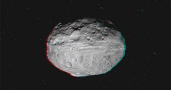 This is a snapshot from the new 3D video depicting Vesta from aboard the Dawn spacecraft