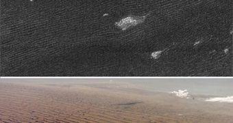 Cassini radar sees sand dunes on Saturn's giant moon Titan (upper photo) that are sculpted like Namibian sand dunes on Earth (lower photo)