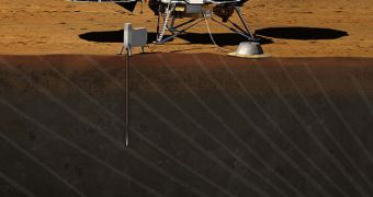 A rendering of InSight drilling through the Martian surface