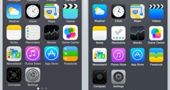 Apple's iOS 7 Home screen on the left, Leo Drapeau’s iOS 7 makeover on the right. Icons like Passbook, Compass, and Settings are clear winners in Drapeau’s version