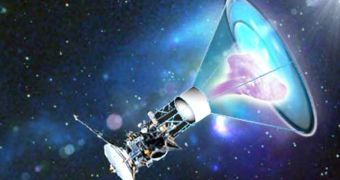 A sail-based spacecraft, driven by an anti-matter-powered engine
