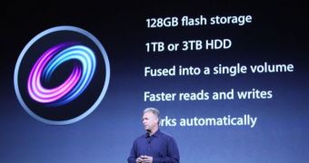 Apple's Phil Schiller presenting Fusion Drive