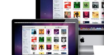 iTunes Store interface displayed on iMac and MacBook - Apple promo material