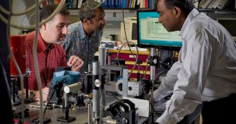 GSFC experts George Shaw (left), Shahid Aslam (center) and Tilak Hewagama (right) are testing technology that could result in a “spectrometer-on-a-chip”