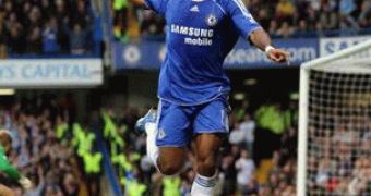 Didier Drogba after scoring one of his many goals for Chelsea