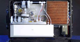 A team of JPL scientists originally developed this 300-watt engineering prototype of a Direct Methanol Fuel Cell system for defense applications