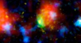 Image of the newly found galaxy, showing star formation in red and the presence of gaseous material in green