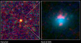 This image composite shows a warped and magnified view of a galaxy discovered by the Herschel Space Observatory, one of five such galaxies uncovered by the infrared telescope