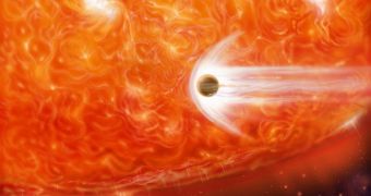 Rendition of a small exoplanet being consumed by its parent star