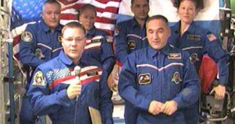 The Expedition 24 crew aboard the ISS, before last night's botched undocking attempt