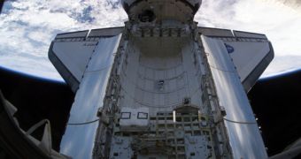 The payload bay of the Discovery shuttle