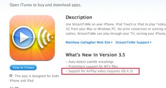 StreamToMe iTunes page - iOS 4.3 requirement highlighted