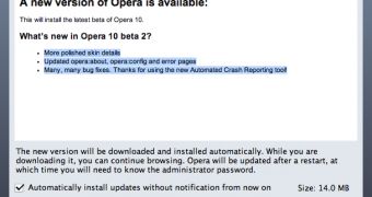 Opera dialog showing that an update is available