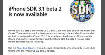 Apple posts banner announcing the second iPhone OS and SDK 3.1 betas