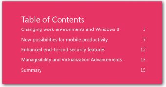 Table of contents of the Windows 8 Product Guide for Business