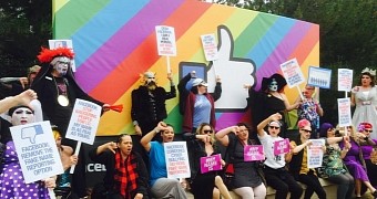 A group of drag queens protest in front of the Facebook headquarters