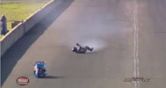 Chris Matheson crashes at the Sydney Dragway’s 2013 Nitro Champs