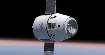 Rendition of the Dragon space capsule in LEO, on its way to the ISS