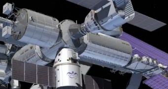 This rendition shows the Dragon space capsule docked to the ISS