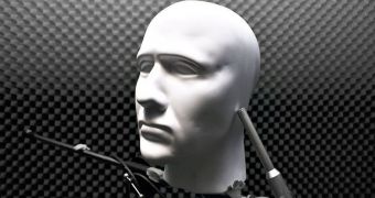 Dual microphones are used to record binaural sounds, with a model of the human head standing in for the real thing