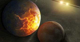 Artist's impression of an imminent planetary collision, happening around a binary star system