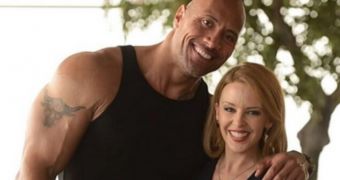 Unlikely but adorable-looking “San Andreas” co-stars Dwayne Johnson and Kylie Minogue