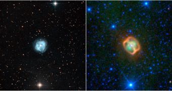 Digitized Sky Survey (left) and WISE images of NGC 1415, showing differences between visible light and infrared images