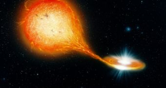 A Thorne-Zytkow object appears when a red supergiant (left) engulfs a neutron star in a binary system