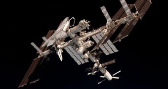 This view shows the ATV and space shuttle Endeavour docked to the ISS