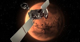 Artist's impression of the ExoMars Trace Gas Orbiter flying above the Red Planet